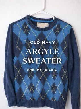 Old Navy Argyle Sweater Blue Navy Preppy Cotton